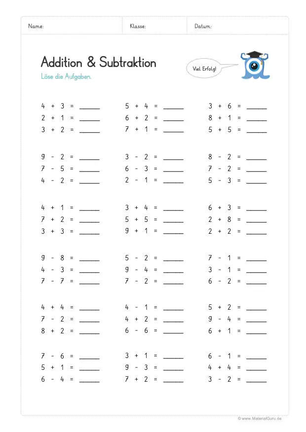 Arbeitsblatt: Addition/Subtraktion bis 10 (ohne Zehnerübergang) - Gemischte Aufgaben