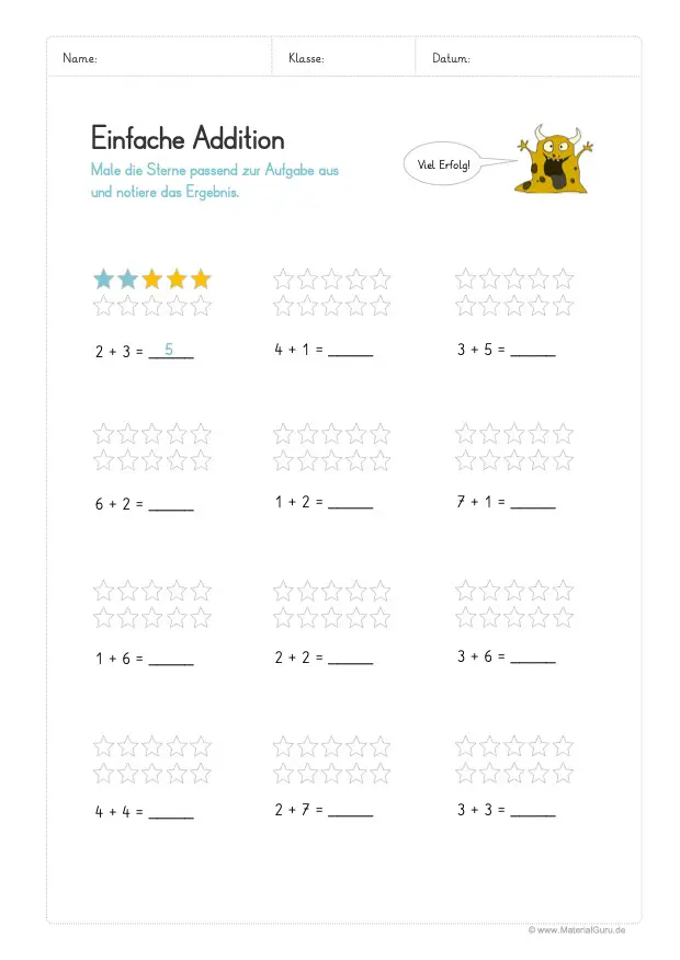 Arbeitsblatt: Einfache Addition bis 10: Sterne ausmalen