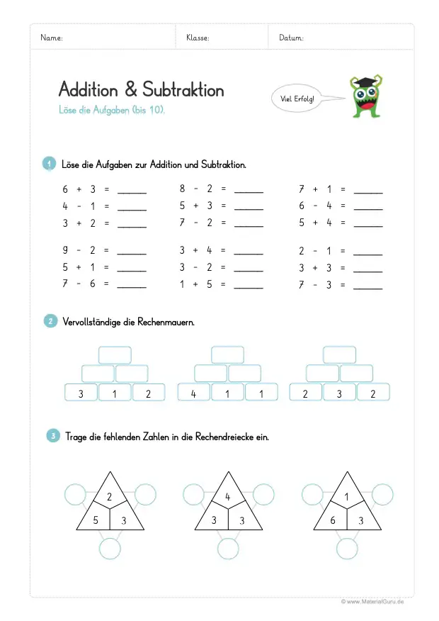 Arbeitsblatt: Addition/Subtraktion bis 10 (ohne Zehnerübergang) - Gemischte Aufgaben