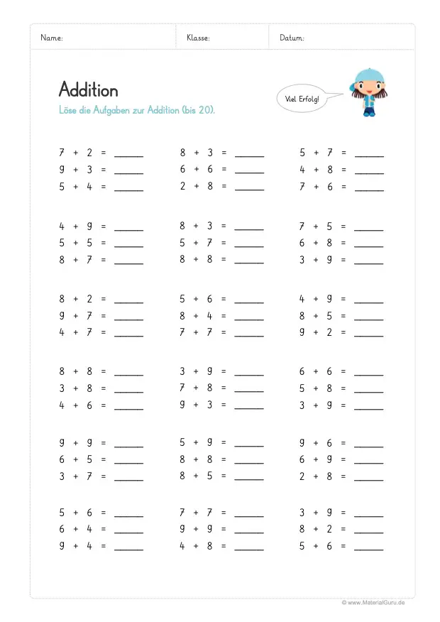 Arbeitsblatt: Addition bis 20 (mit Zehnerübergang) - Kopfrechnen
