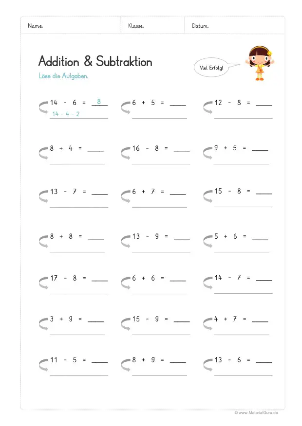 Arbeitsblatt: Addition/Subtraktion bis 20 (mit Zehnerübergang) - Zwischenschritt