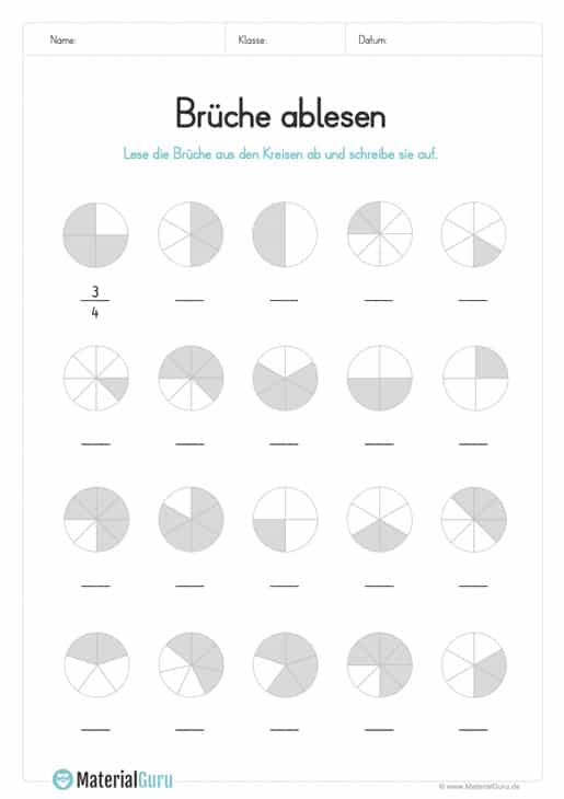 Arbeitsblatt: Brüche ablesen und eintragen