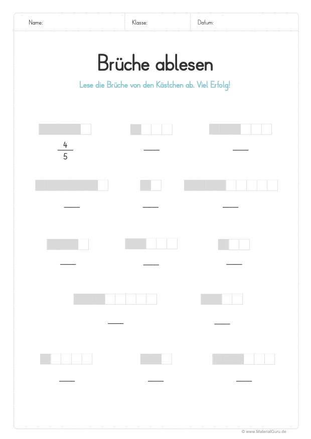 Arbeitsblatt: Brüche aus Kästchen ablesen