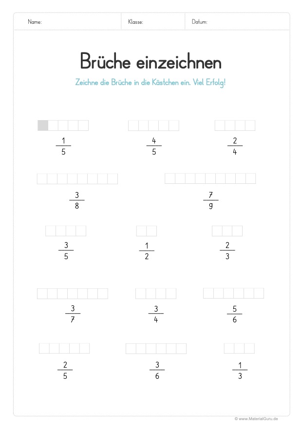 Arbeitsblatt: Brüche in Kästchen einzeichnen