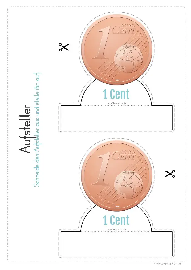 Arbeitsblatt: Geld Aufsteller - 1 Cent