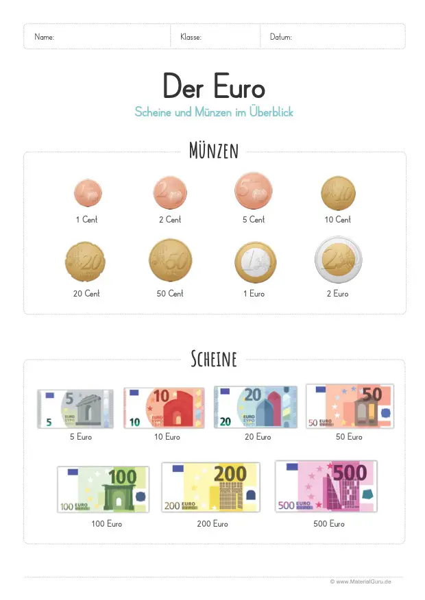Arbeitsblatt: Übersicht mit Euro (Münzen und Scheine)