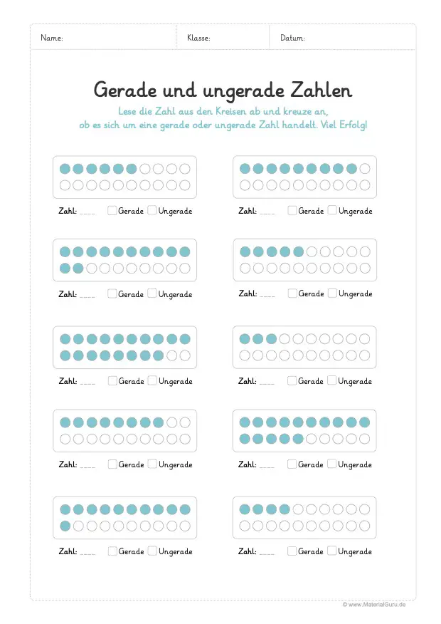 Arbeitsblatt: Gerade / ungerade Zahlen aus Kreisen ablesen