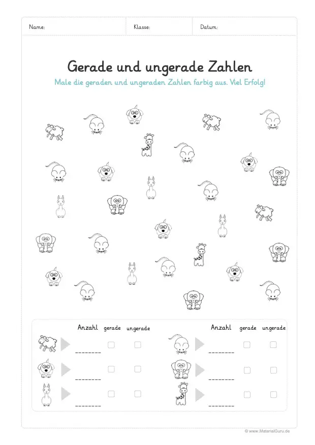 Arbeitsblatt: Gerade / ungerade Zahlen mit Tieren bestimmen