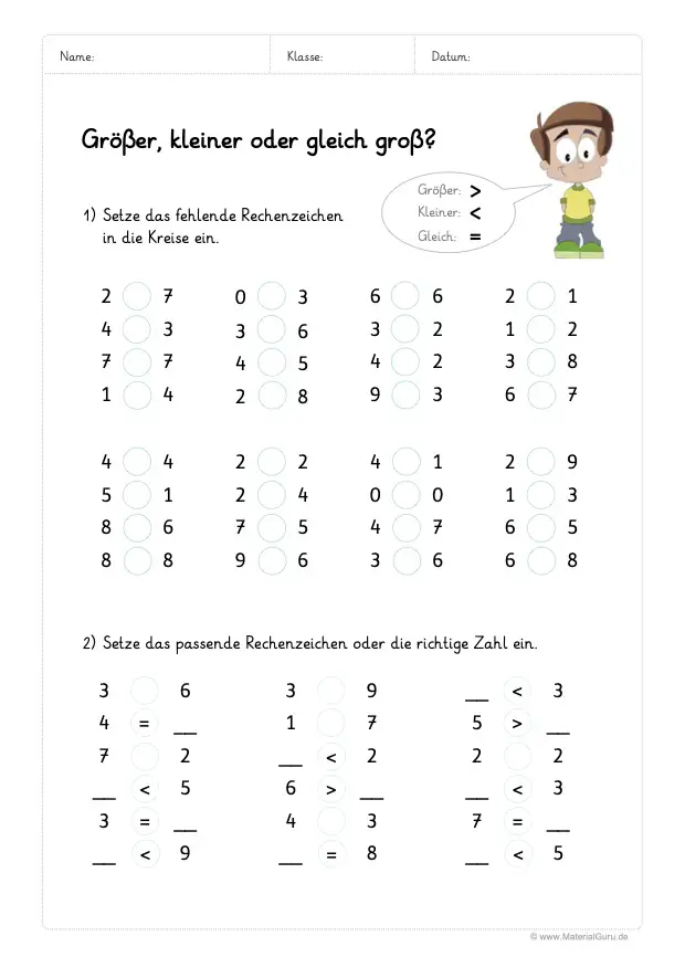 Arbeitsblatt: Größer & Kleiner - Zahlenraum 10 - Zusatzaufgabe