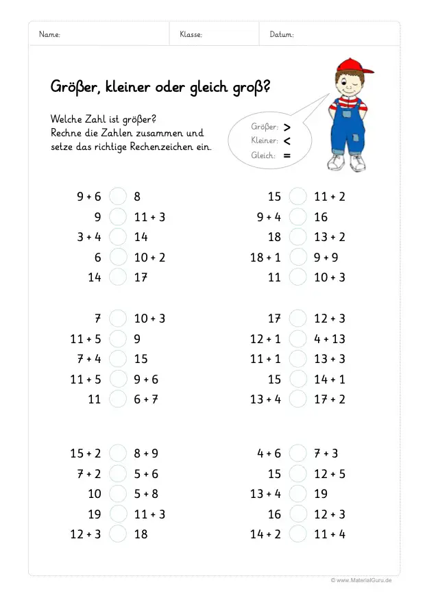 Arbeitsblatt: Größer & Kleiner - Zahlenraum 20 - Addieren