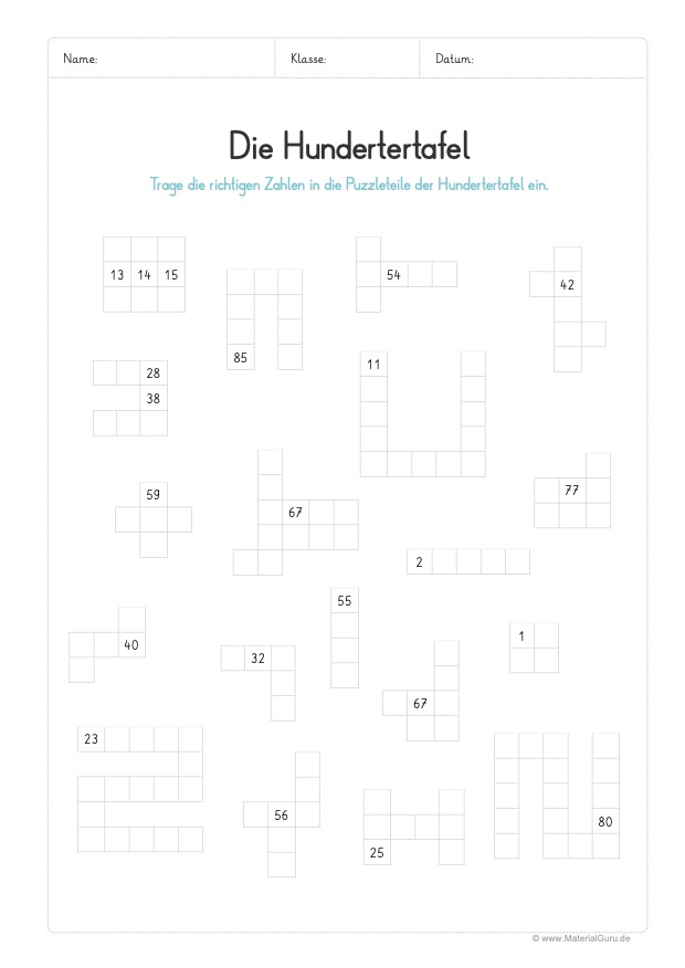 Arbeitsblatt: Hundertertafel Puzzleteile