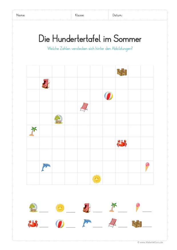 Arbeitsblatt: Hundertertafel im Sommer