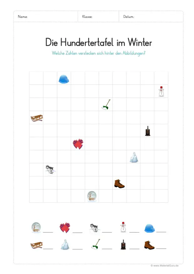 Arbeitsblatt: Hundertertafel im Winter