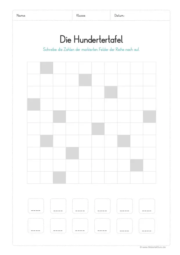 Arbeitsblatt: Zahlen aus Hundertertafel heraus schreiben