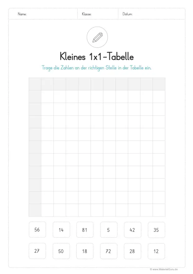 Arbeitsblatt: Kleines Einmaleins - Zahlen in Tabelle einsetzen