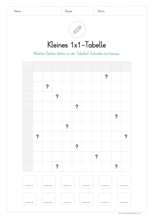 Arbeitsblatt: Kleines Einmaleins - Zahlen aus Tabelle heraus schreiben