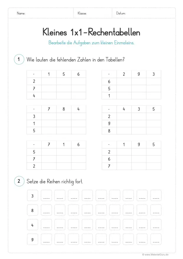 Arbeitsblatt: Kleines Einmaleins - Tabelle ausfüllen und Reihen vervollständigen