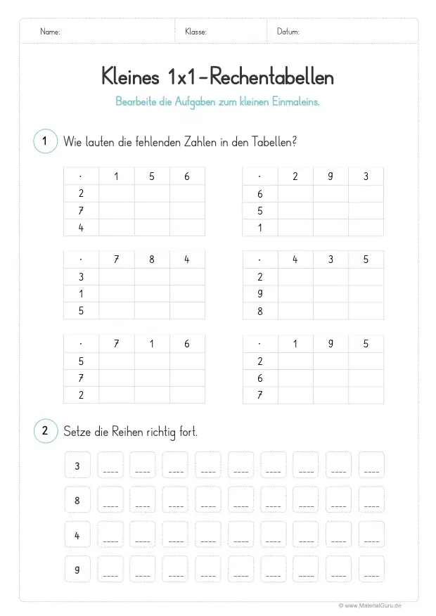 Kleines 1x1 Tabellen Materialguru