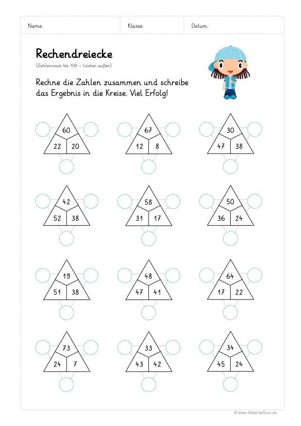 Arbeitsblatt: 12 Rechendreiecke - Zahlenraum 100 - Lücken außen