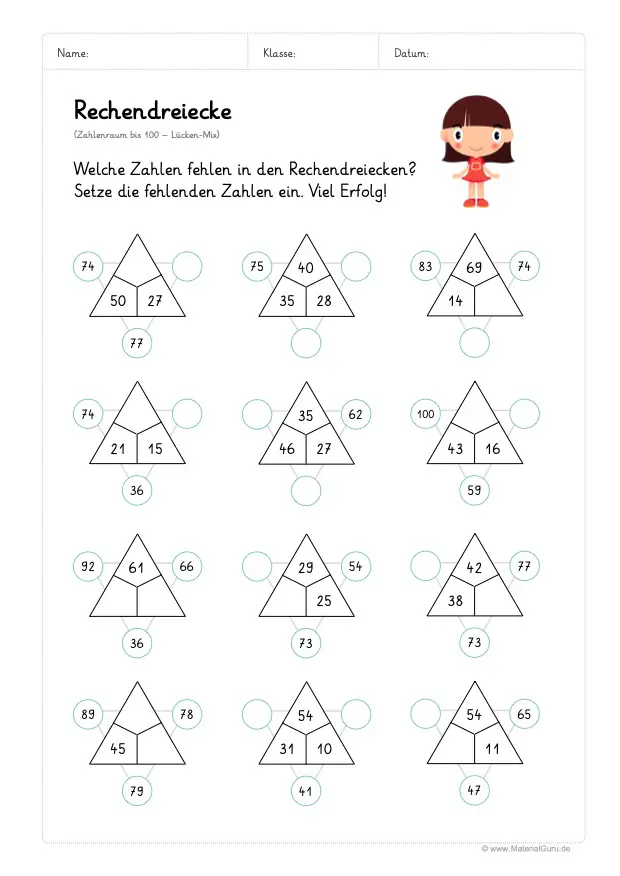 Arbeitsblatt: 12 Rechendreiecke - Zahlenraum 100 - Lücke-Mix