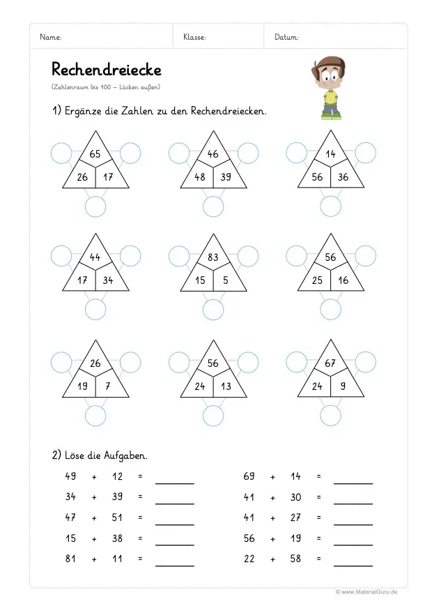 Arbeitsblatt: 9 Rechendreiecke - Zahlenraum 100 - Mit Zusatzaufgabe (Lücken außen)