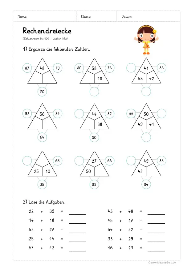 Arbeitsblatt: 9 Rechendreiecke - Zahlenraum 100 - Mit Zusatzaufgabe (Lücken-Mix)