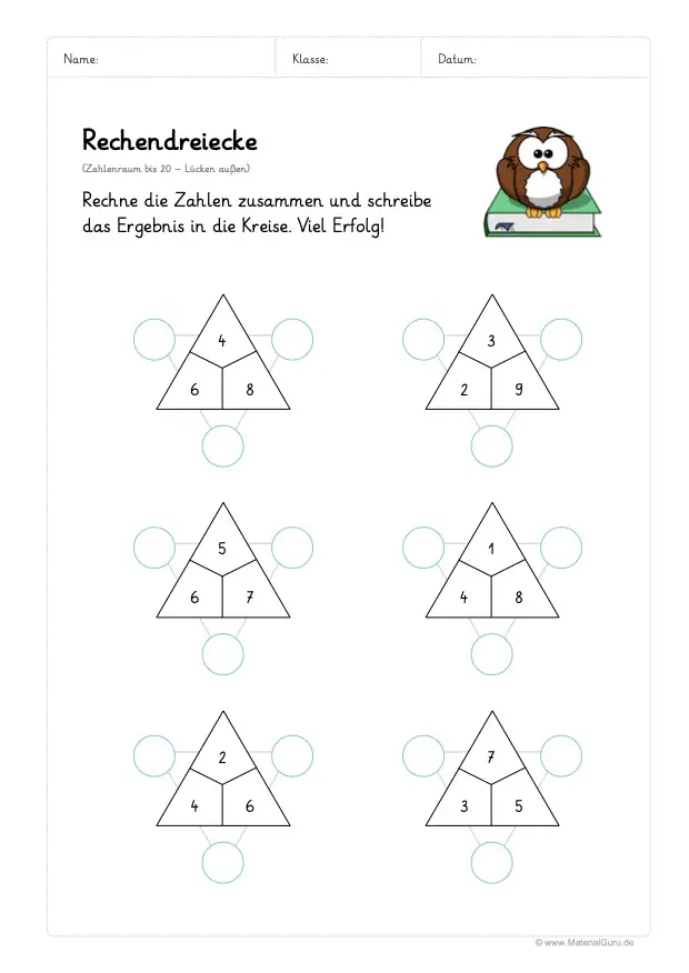 Arbeitsblatt: 6 Rechendreiecke - Zahlenraum 20 - Lücke außen