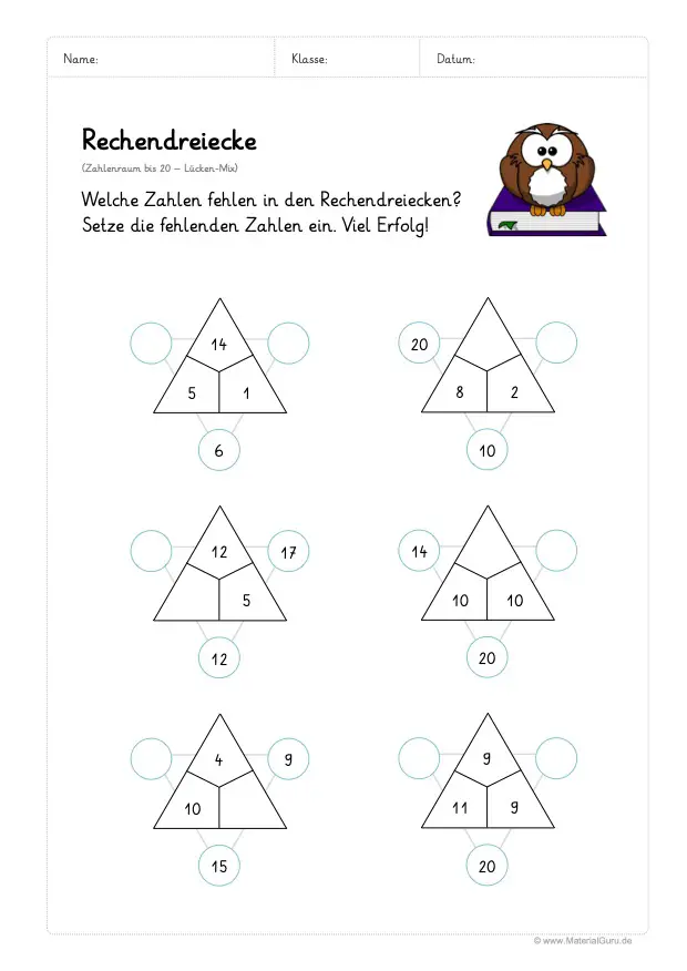 Arbeitsblatt: 6 Rechendreiecke - Zahlenraum 20 - Lücken Mix
