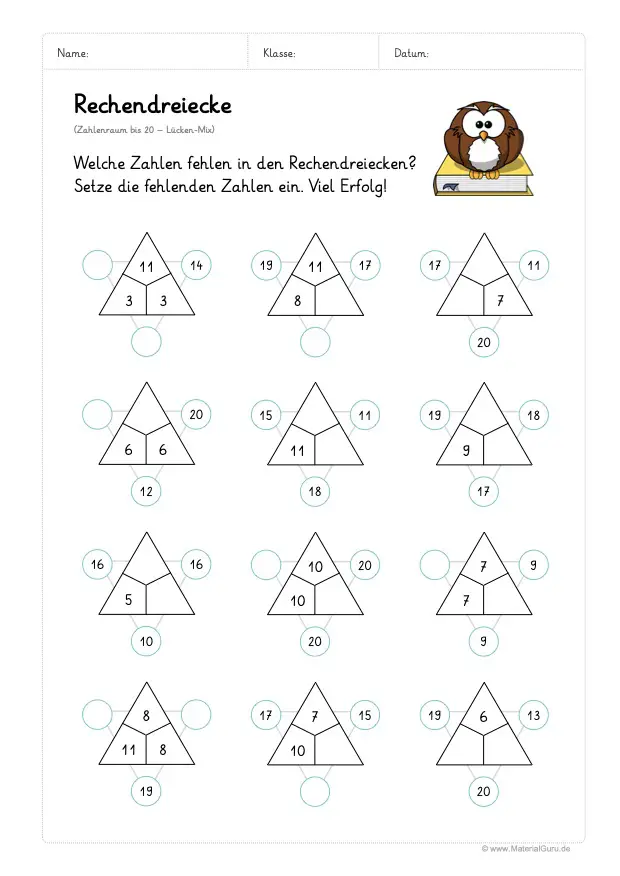 Arbeitsblatt: 12 Rechendreiecke - Zahlenraum 20 - Lücken Mix