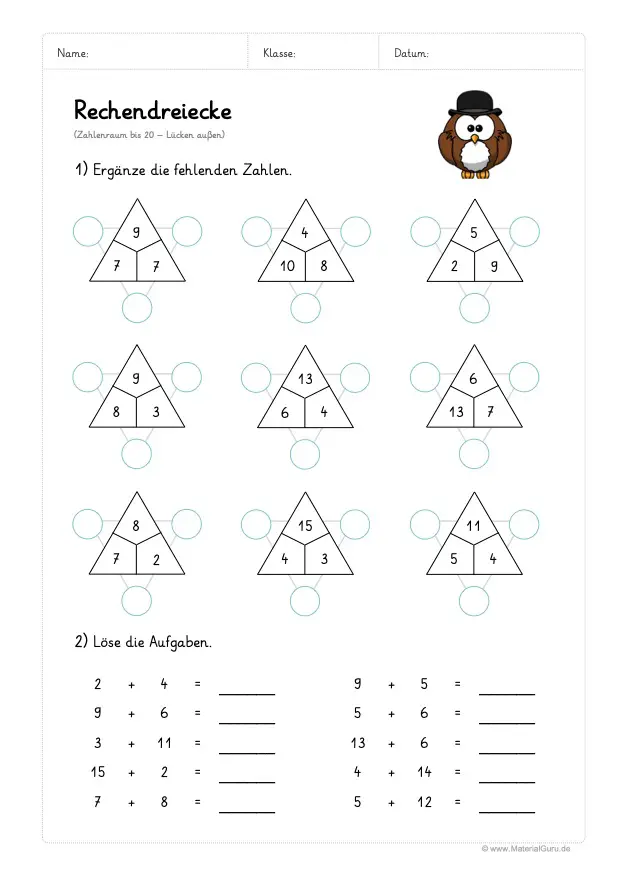 Arbeitsblatt: 9 Rechendreiecke - Zahlenraum 20 - Mit Zusatzaufgabe (Lücken außen)