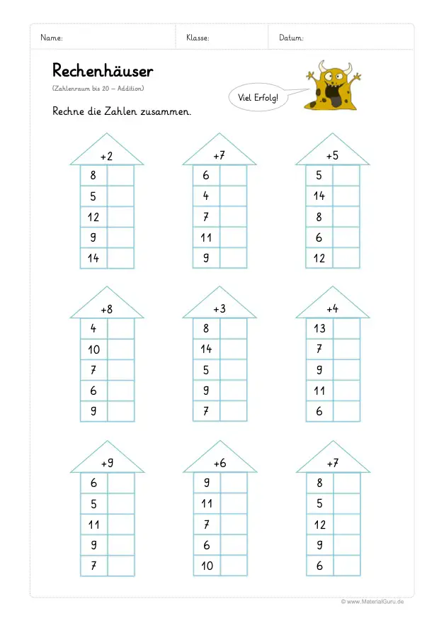 Arbeitsblatt: Rechenhäuser - Addition - Zahlenraum 20 - 01