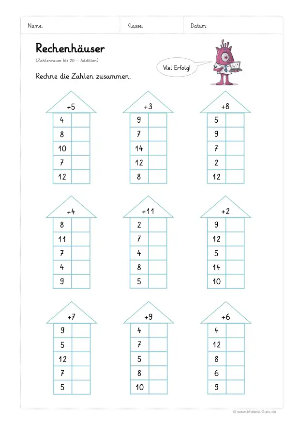 Arbeitsblatt: Rechenhäuser - Addition - Zahlenraum 20 - 02