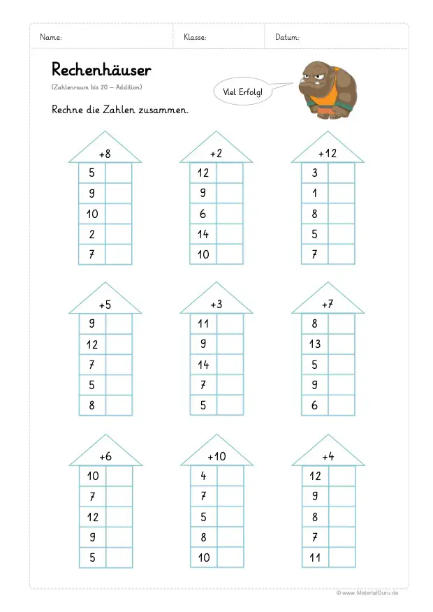 Arbeitsblatt: Rechenhäuser - Addition - Zahlenraum 20 - 03