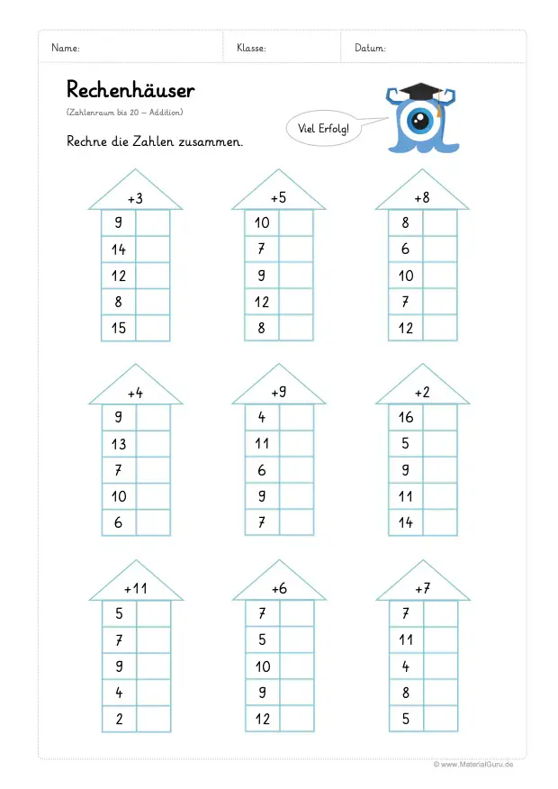 Arbeitsblatt: Rechenhäuser - Addition - Zahlenraum 20 - 04