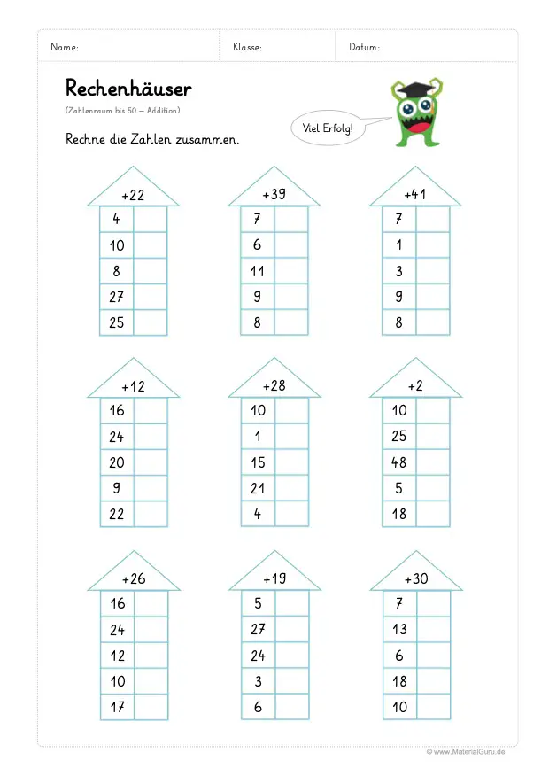 Arbeitsblatt: Rechenhäuser - Addition - Zahlenraum 50 - 01