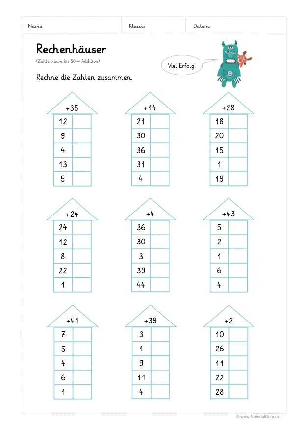 Arbeitsblatt: Rechenhäuser - Addition - Zahlenraum 50 - 02