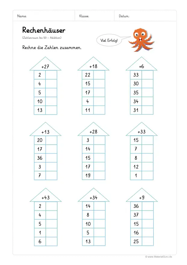 Arbeitsblatt: Rechenhäuser - Addition - Zahlenraum 50 - 03