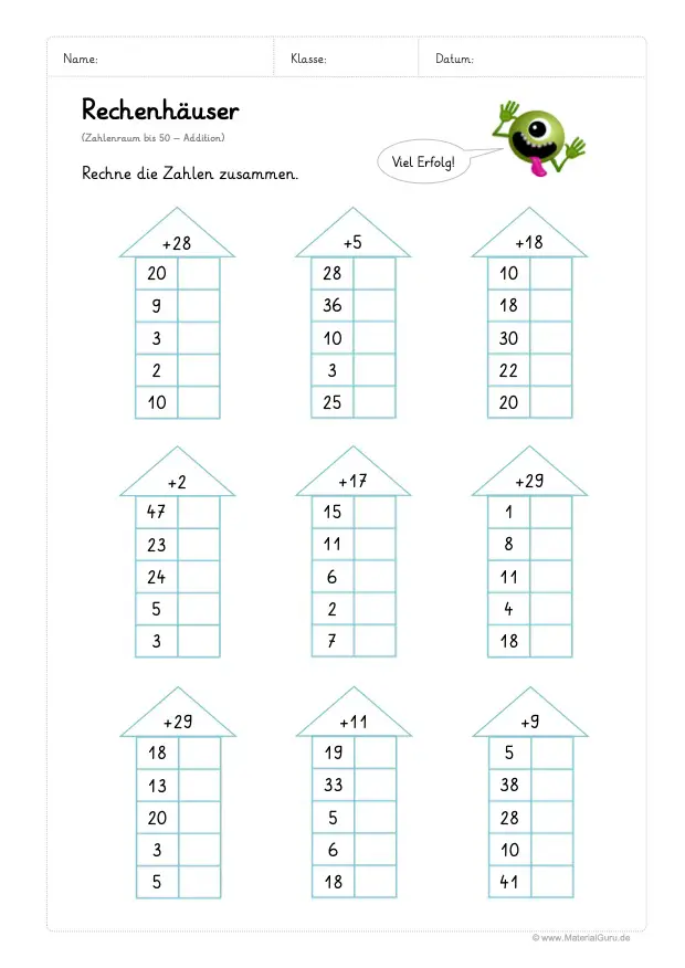 Arbeitsblatt: Rechenhäuser - Addition - Zahlenraum 50 - 04