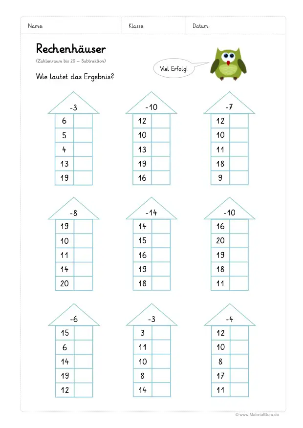 Arbeitsblatt: Rechenhäuser - Subtraktion - Zahlenraum 20 - 01