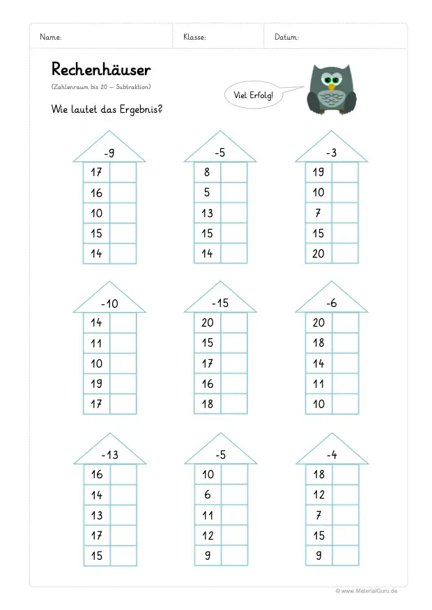 Arbeitsblatt: Rechenhäuser - Subtraktion - Zahlenraum 20 - 02