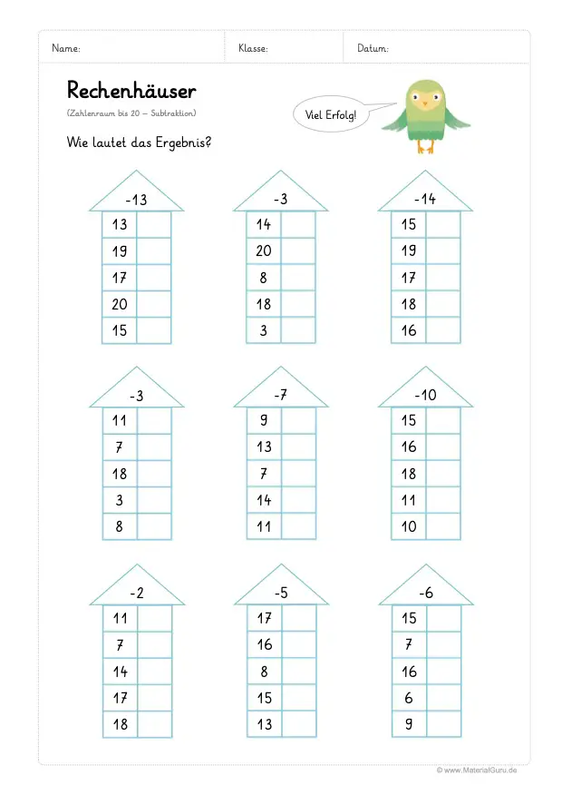 Arbeitsblatt: Rechenhäuser - Subtraktion - Zahlenraum 20 - 03