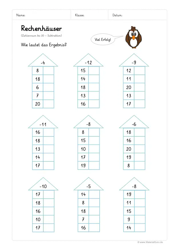 Arbeitsblatt: Rechenhäuser - Subtraktion - Zahlenraum 20 - 04