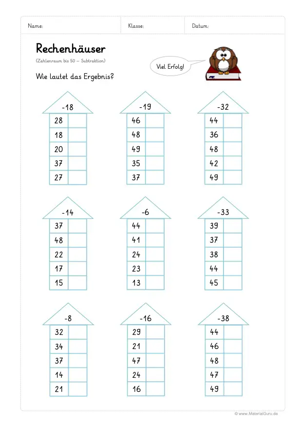 Arbeitsblatt: Rechenhäuser - Subtraktion - Zahlenraum 50 - 01