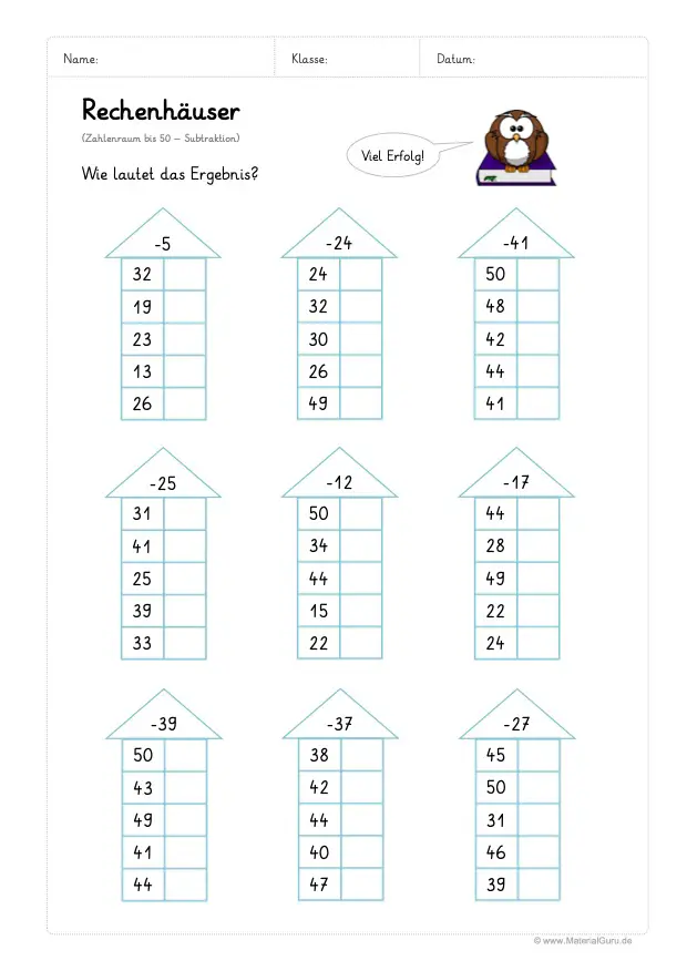 Arbeitsblatt: Rechenhäuser - Subtraktion - Zahlenraum 50 - 02