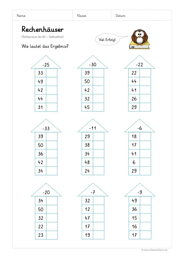 Arbeitsblatt: Rechenhäuser - Subtraktion - Zahlenraum 50 - 03