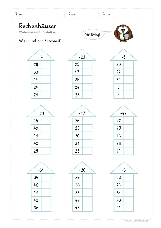 Arbeitsblatt: Rechenhäuser - Subtraktion - Zahlenraum 50 - 04