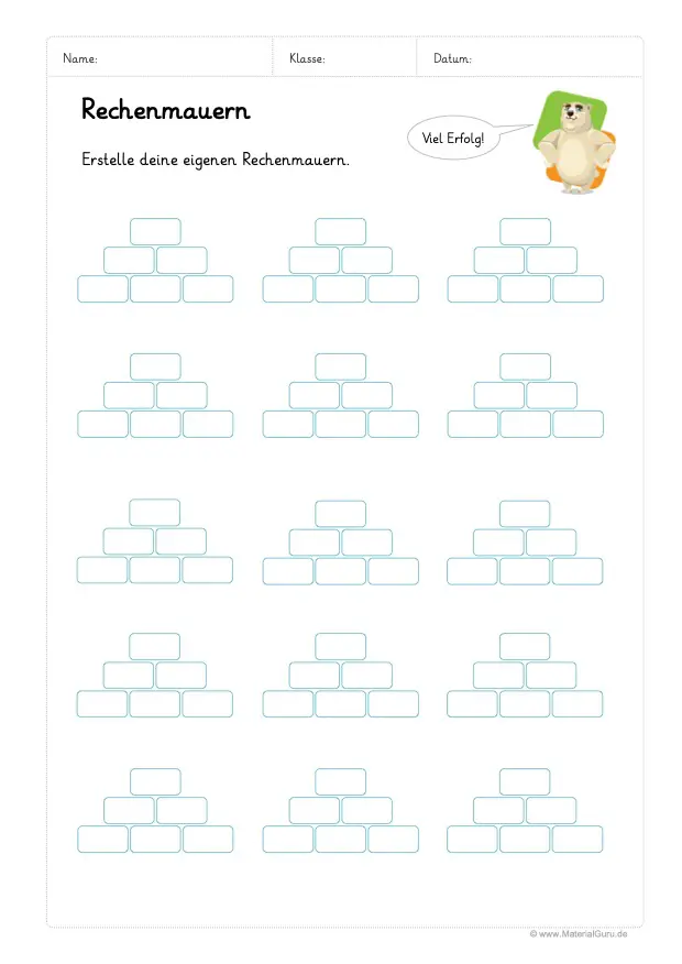 Arbeitsblatt: Rechenmauern - 3 Bausteine (Vorlage)