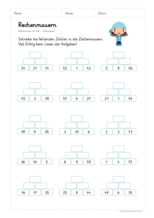 Arbeitsblatt: Rechenmauern - 3 Bausteine - Zahlenraum 100 - Einfach