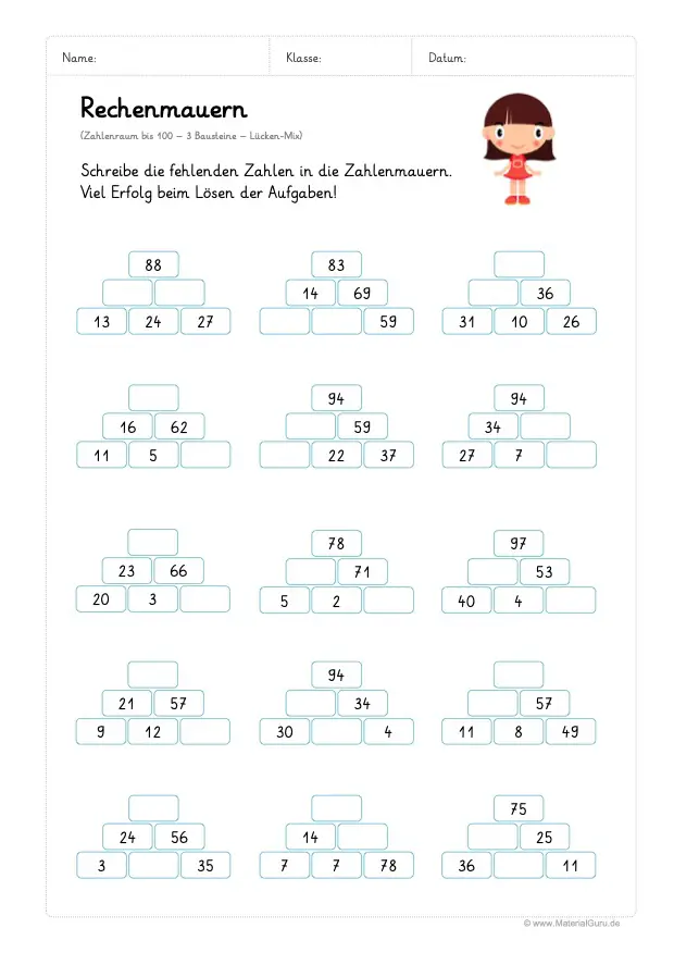 Arbeitsblatt: Rechenmauern - 3 Bausteine - Zahlenraum 100 - Lücken-Mix