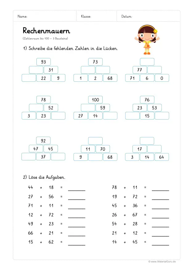 Arbeitsblatt: Rechenmauern - 3 Bausteine - Zahlenraum 100 - Zusatzaufgabe